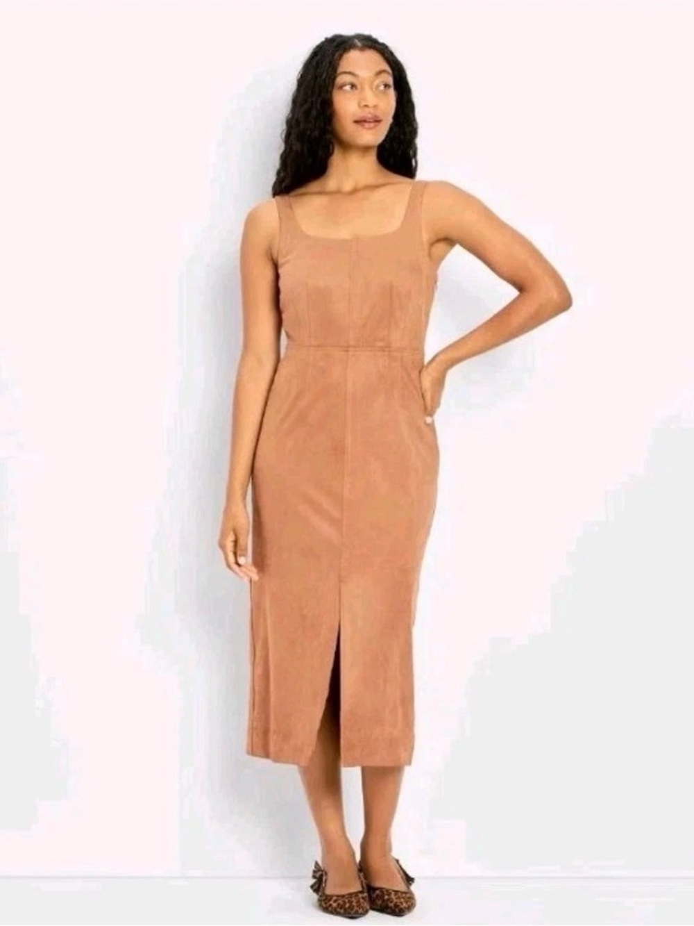 NWT Women’s Future Collective 90's Suede Midi A-Line Dress Brown Sz M Side Slit